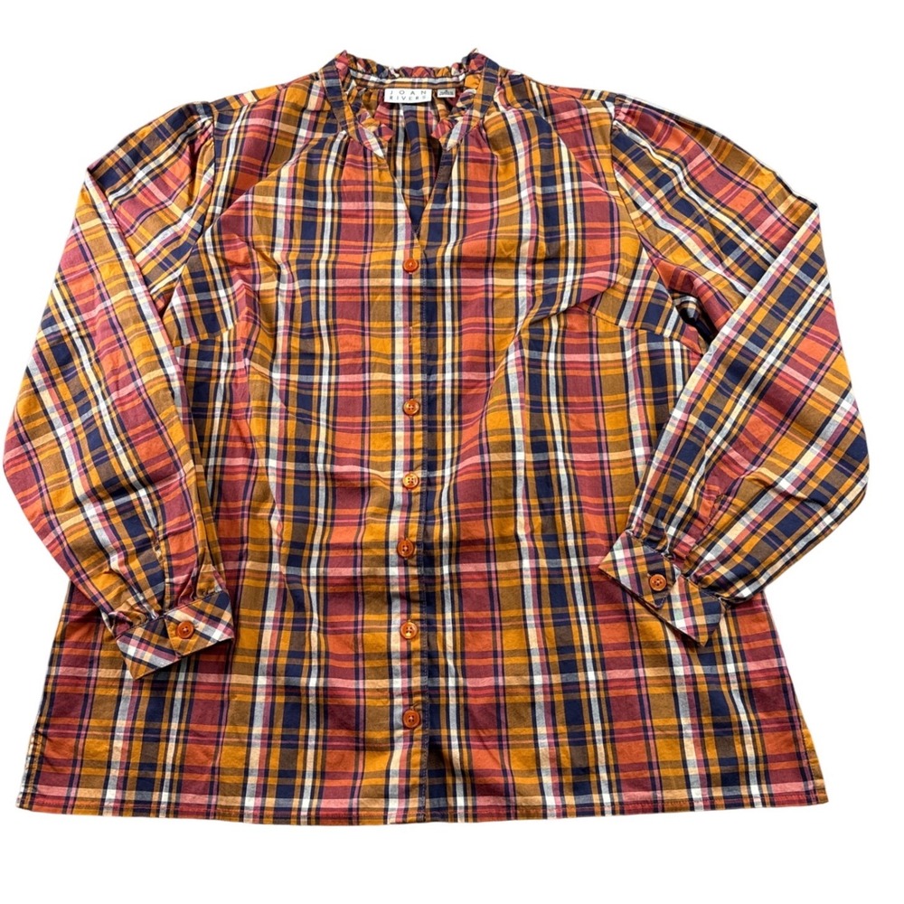 Joan Rivers Shirt Womens S Colorful Plaid Long Sleeve Ruffle Detail Button Front